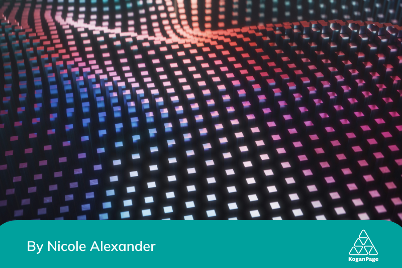 A picture of 3D rendered cubes in a holographic wave pattern 