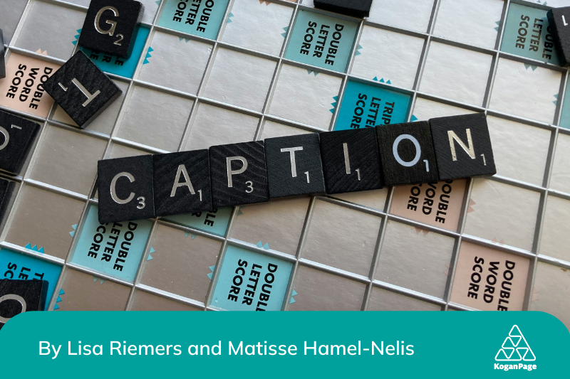 The word CAPTION spelled out using Scrabble tiles, with the square-marked board as the background.