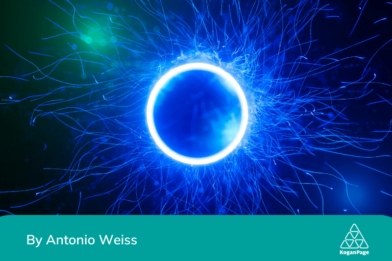 Bright blue quantum physic circle with blue light lines on a dark background.