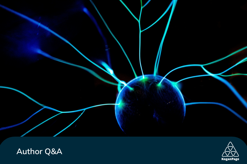 Close up photo of a blue light in the dark  - molecule with neuron-like tentacles attached - rendered in a neon blue against black background.