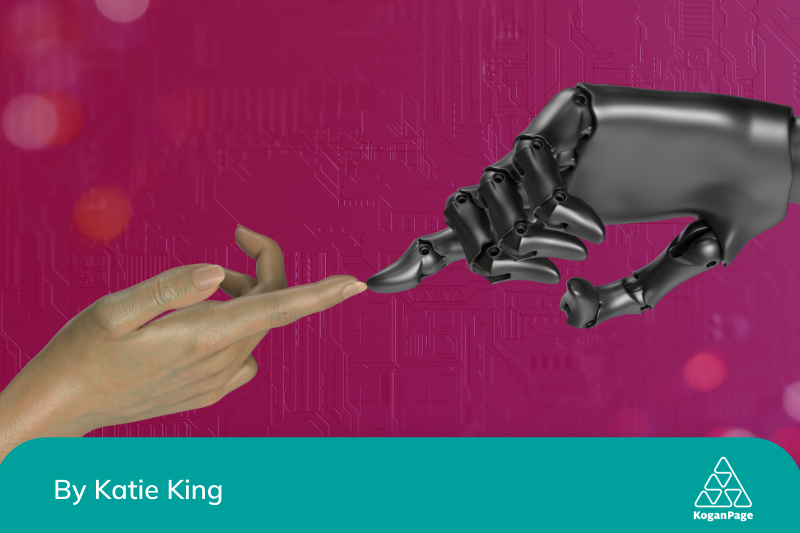 Two hands touching each other, one human looking one robotic, in front of a pink background