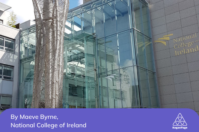 National College of Ireland building with a purple banner 