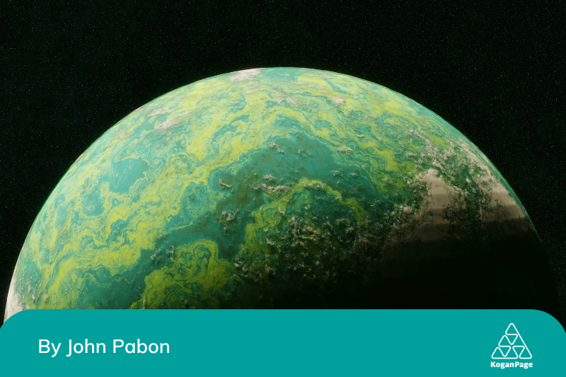 A bird's eye view of earth, with many green shadings coming across and some of the land in shadow.