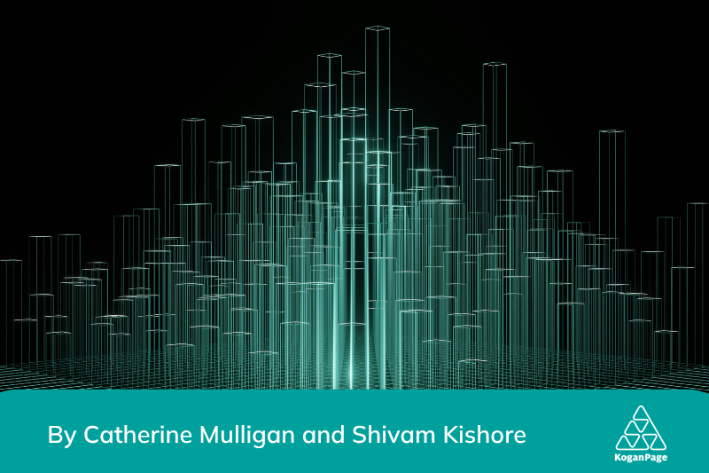 Abstract image of a city made of green light lines, also can represent data points at various scales.